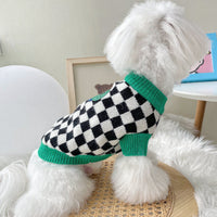 HKM-7235773 Checkered Black and White Sweater for Pets with Green Collar, Polyester Material, Multiple Sizes Available