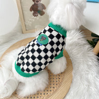 HKM-7235773 Checkered Black and White Sweater for Pets with Green Collar, Polyester Material, Multiple Sizes Available