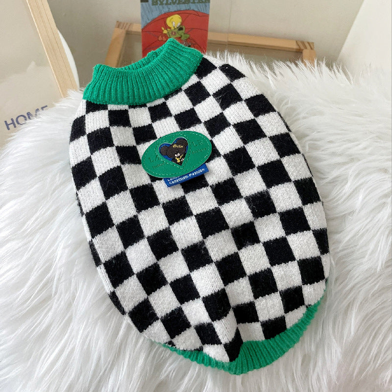 HKM-7235773 Checkered Black and White Sweater for Pets with Green Collar, Polyester Material, Multiple Sizes Available