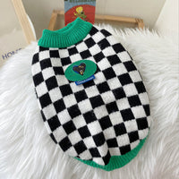 HKM-7235773 Checkered Black and White Sweater for Pets with Green Collar, Polyester Material, Multiple Sizes Available