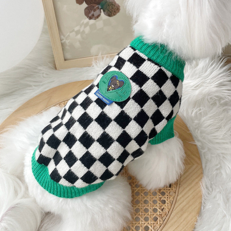 HKM-7235773 Checkered Black and White Sweater for Pets with Green Collar, Polyester Material, Multiple Sizes Available