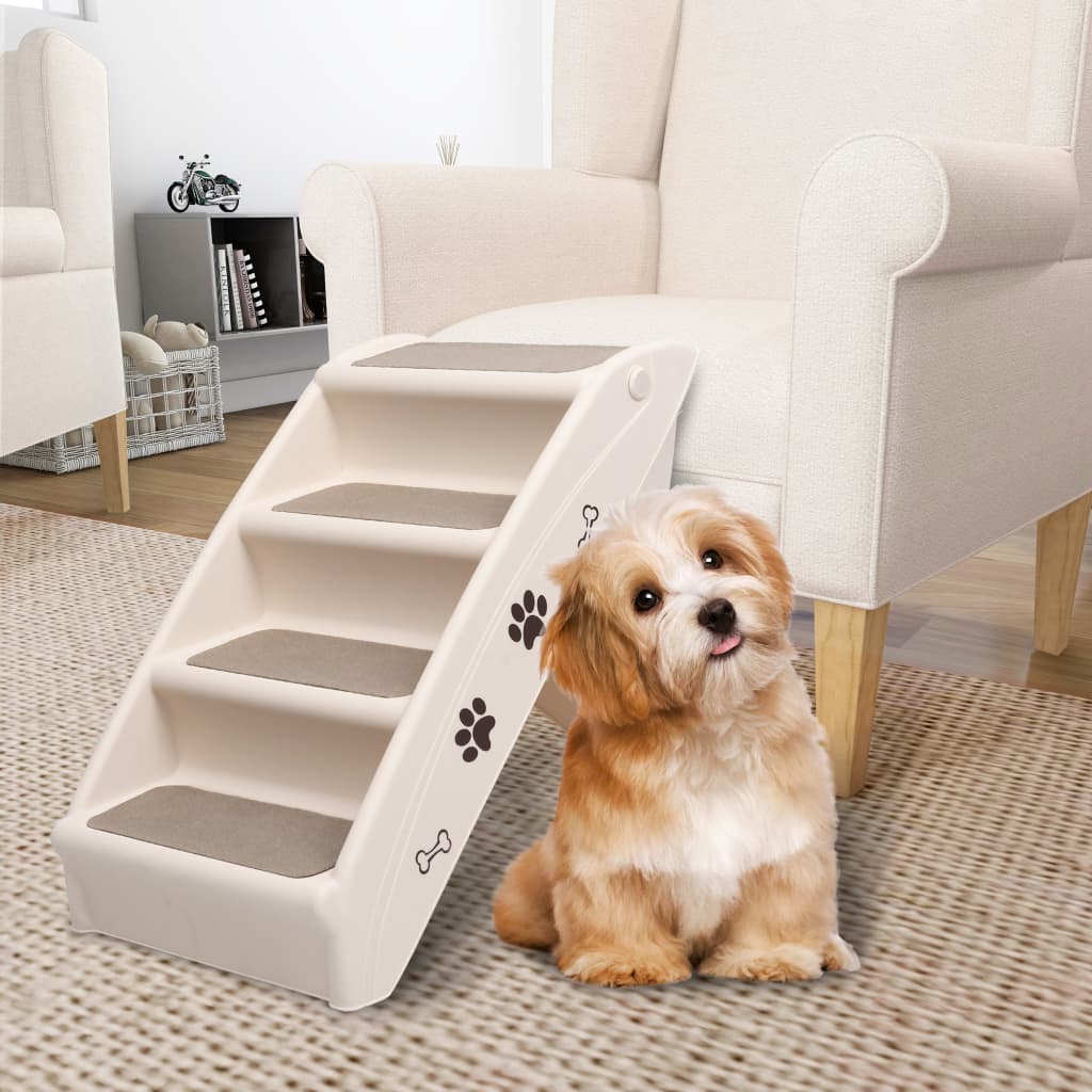 HKM-7236285 Foldable Cream Dog Stairs for Small & Large Pets - Sturdy, Non-Slip, Portable Design