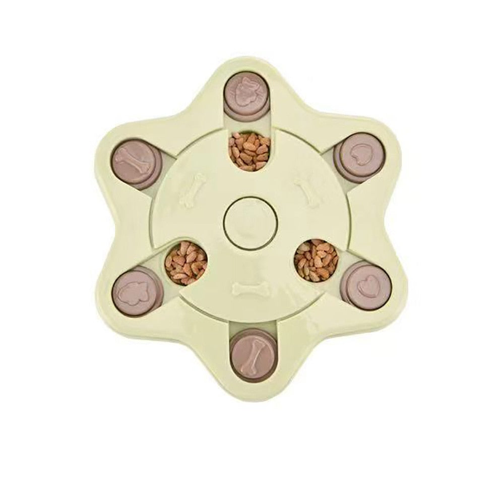 HKM-7237821 Interactive Educational Feeding Toy for Dogs – Engaging Puzzle with Round, Hexagonal, Paw Print Designs in Blue, Green, and Pink