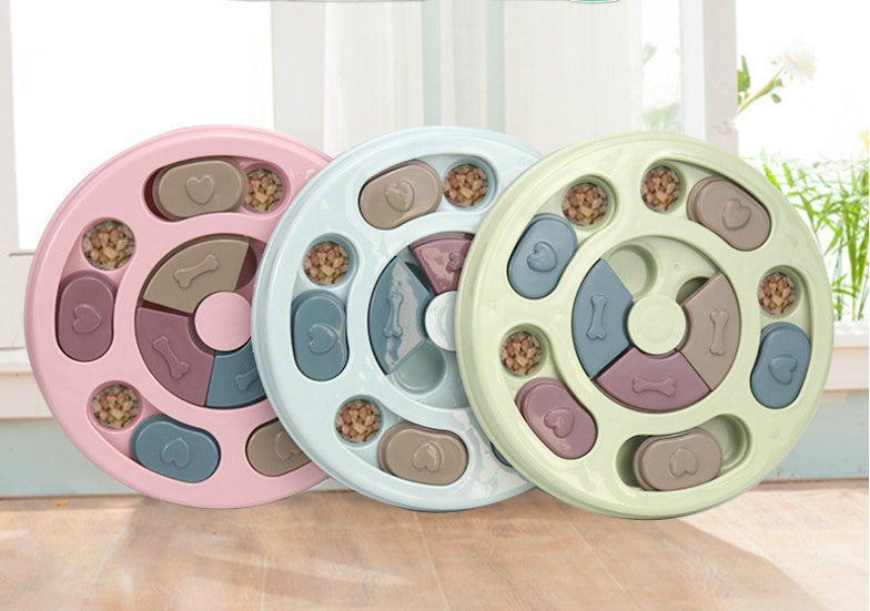 HKM-7237821 Interactive Educational Feeding Toy for Dogs – Engaging Puzzle with Round, Hexagonal, Paw Print Designs in Blue, Green, and Pink