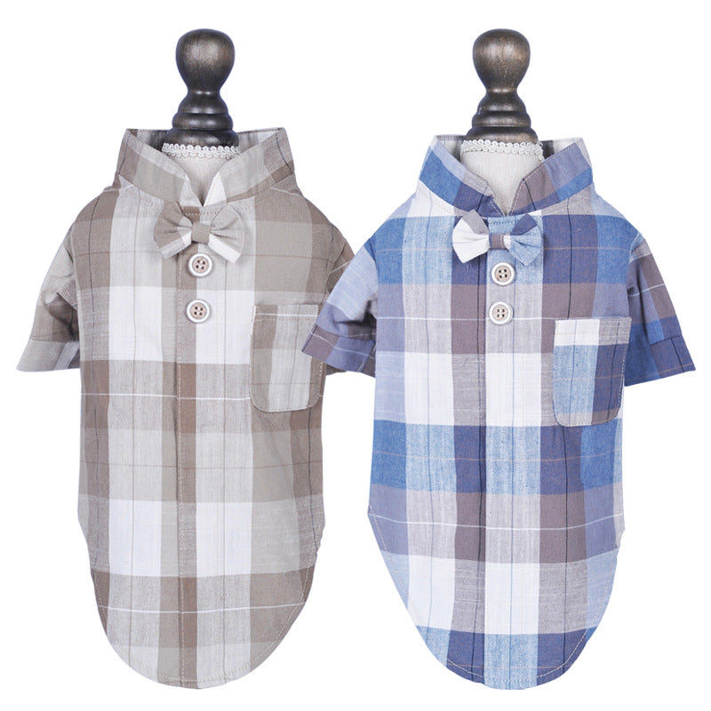 HKM-7239357 Chinese Style Bow Tie Stand Collar Pet Shirt in Blue and Brown Casual Wear