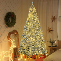 HKM-724755 9' Flocked Artificial Christmas Tree with Snowy Branches and Warm White LED Lights, Auto Open Feature