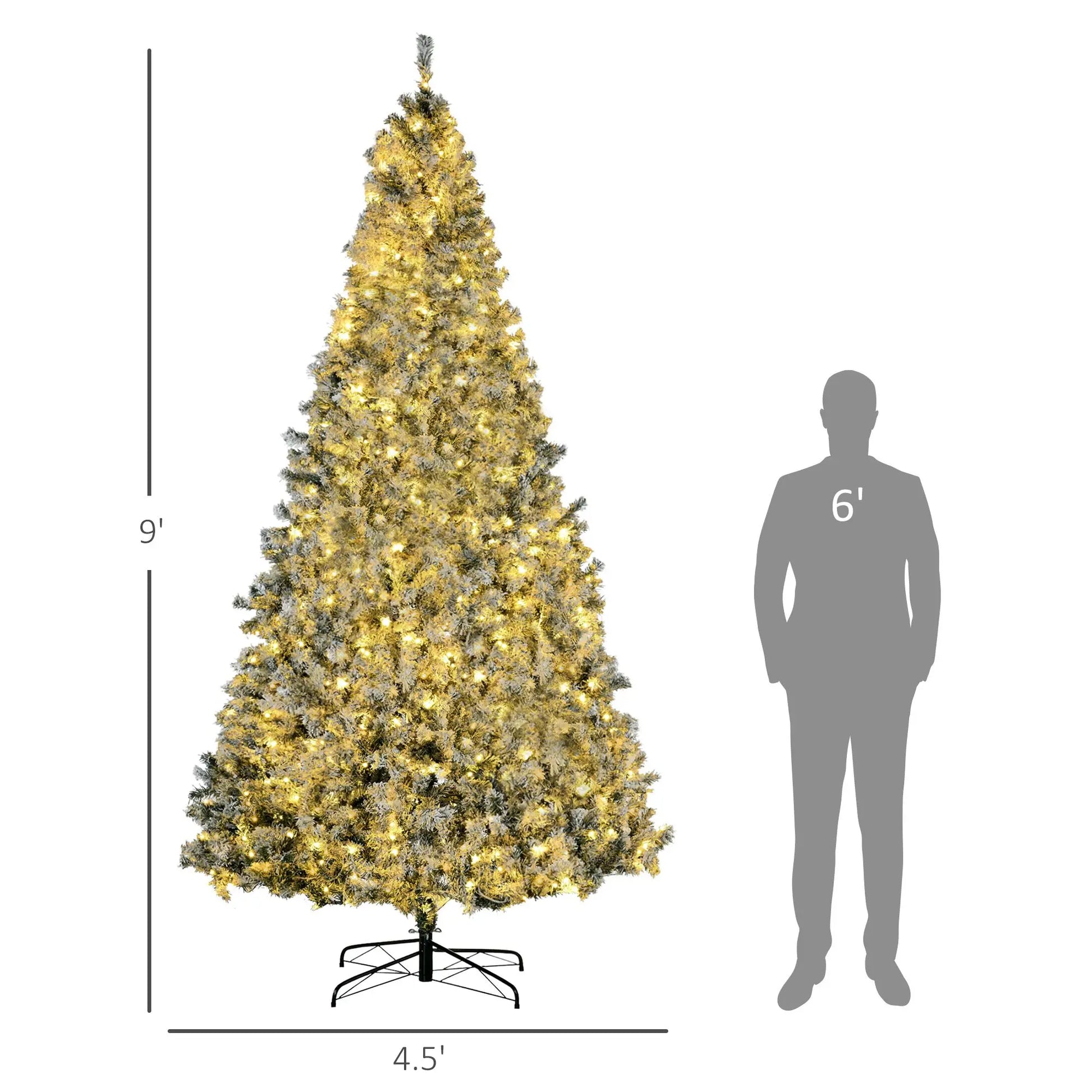 HKM-724755 9' Flocked Artificial Christmas Tree with Snowy Branches and Warm White LED Lights, Auto Open Feature
