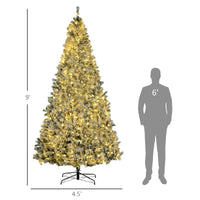 HKM-724755 9' Flocked Artificial Christmas Tree with Snowy Branches and Warm White LED Lights, Auto Open Feature