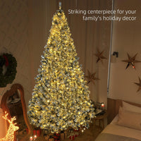 HKM-724755 9' Flocked Artificial Christmas Tree with Snowy Branches and Warm White LED Lights, Auto Open Feature