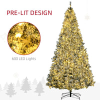 HKM-724755 9' Flocked Artificial Christmas Tree with Snowy Branches and Warm White LED Lights, Auto Open Feature