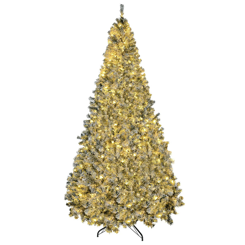 HKM-724755 9' Flocked Artificial Christmas Tree with Snowy Branches and Warm White LED Lights, Auto Open Feature