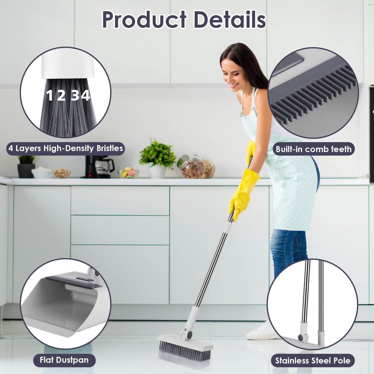 HKM-7248189 4-in-1 Broom and Dustpan Set with Adjustable Stainless Steel Handle for Indoor and Outdoor Cleaning