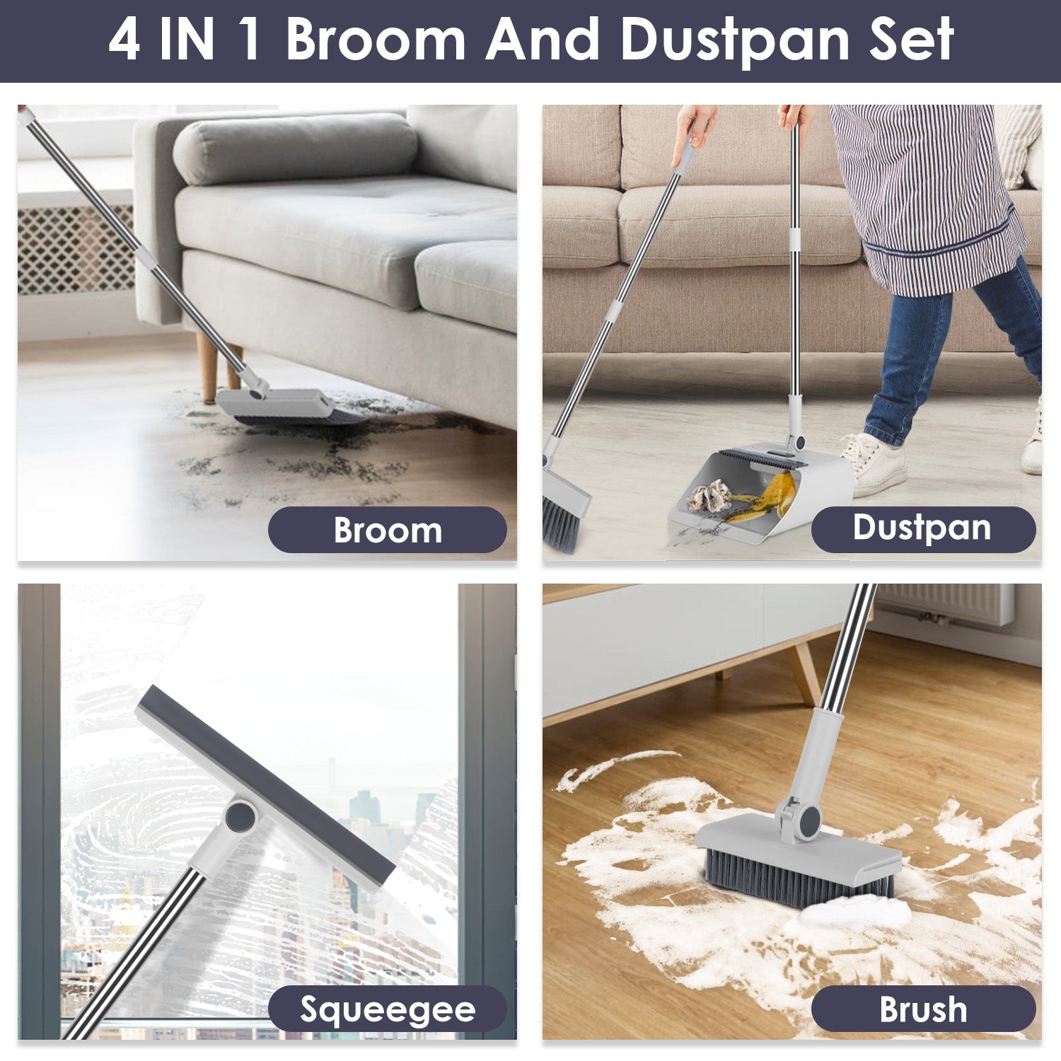HKM-7248189 4-in-1 Broom and Dustpan Set with Adjustable Stainless Steel Handle for Indoor and Outdoor Cleaning
