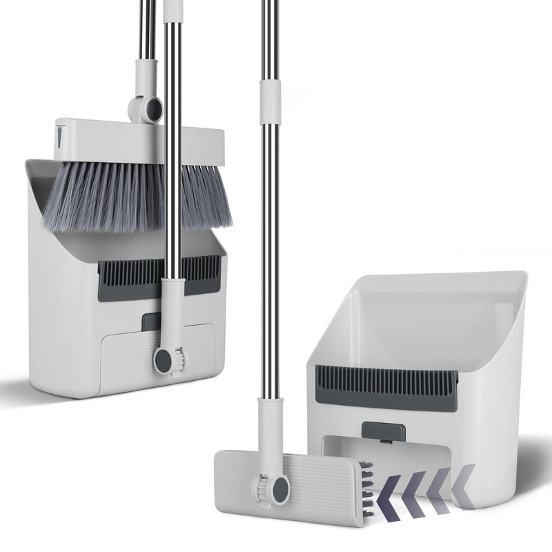 HKM-7248189 4-in-1 Broom and Dustpan Set with Adjustable Stainless Steel Handle for Indoor and Outdoor Cleaning