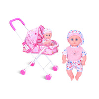 HKM-724947 14 Inch Doll Toy Set with Iron Stroller for Infants and Toddlers