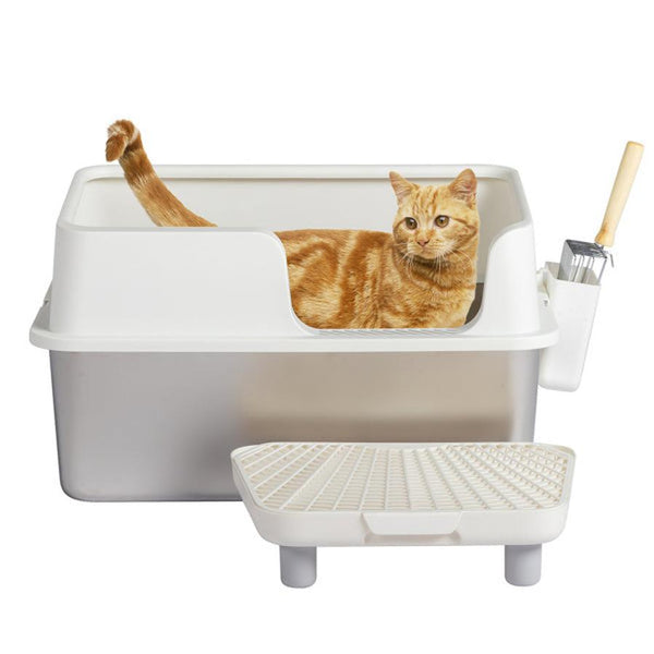 HKM-725459 Stainless Steel Cat Litter Box with Plastic Enclosure and Anti-Tracking Footboard