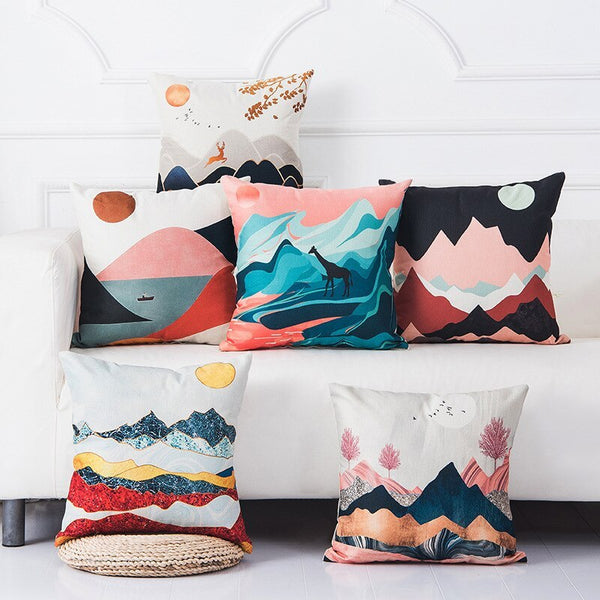 HKM-725523 Mountain Tree Sunrise Scenery Cushion Cover - 45x45cm Linen Pillowcase for Living Room and Bedroom