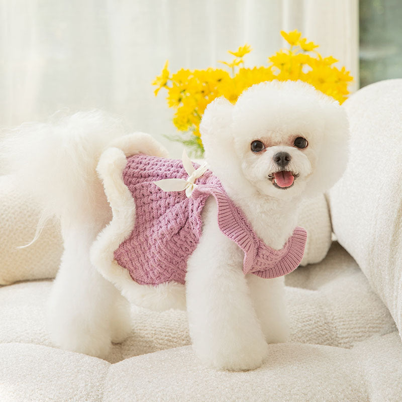 HKM-725715 Princess Bow Sweater Skirt for Pets - Core-Spun Yarn in Purple and White, Multiple Sizes Available