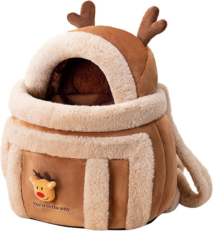HKM-725971 Cozy Pet Carrier Backpack with Hand Warmers and Plush Reindeer Design for Winter Travel