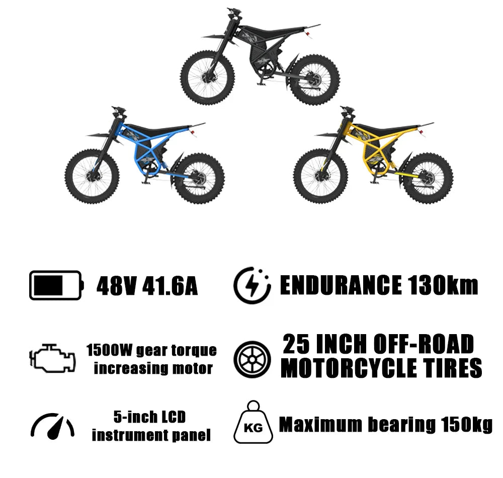 HKM-726227 2000W 48V Off-Road Electric Bike with 25-Inch Carbon Steel Frame and Dual Lithium Battery