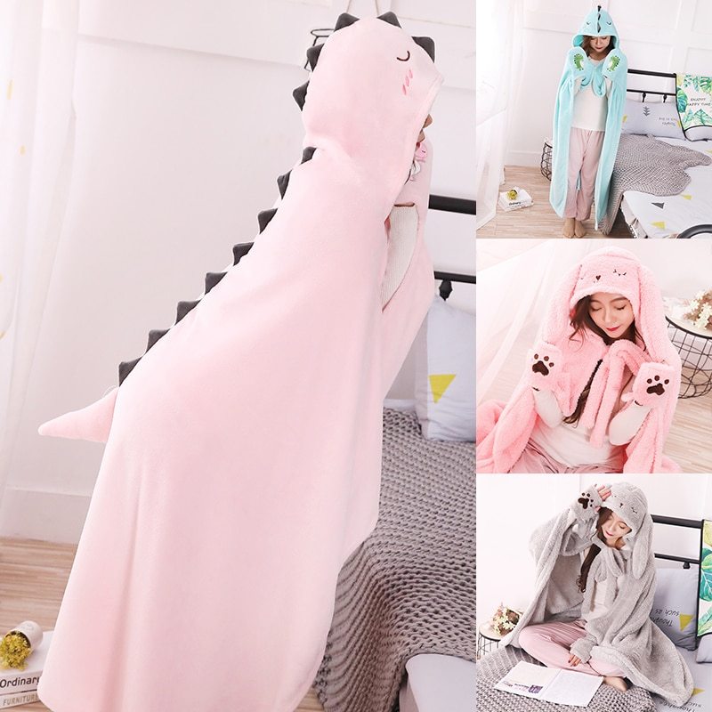 HKM-726611 Cartoon Coral Fleece Shawl Cape Blanket in Mint Green and Light Pink