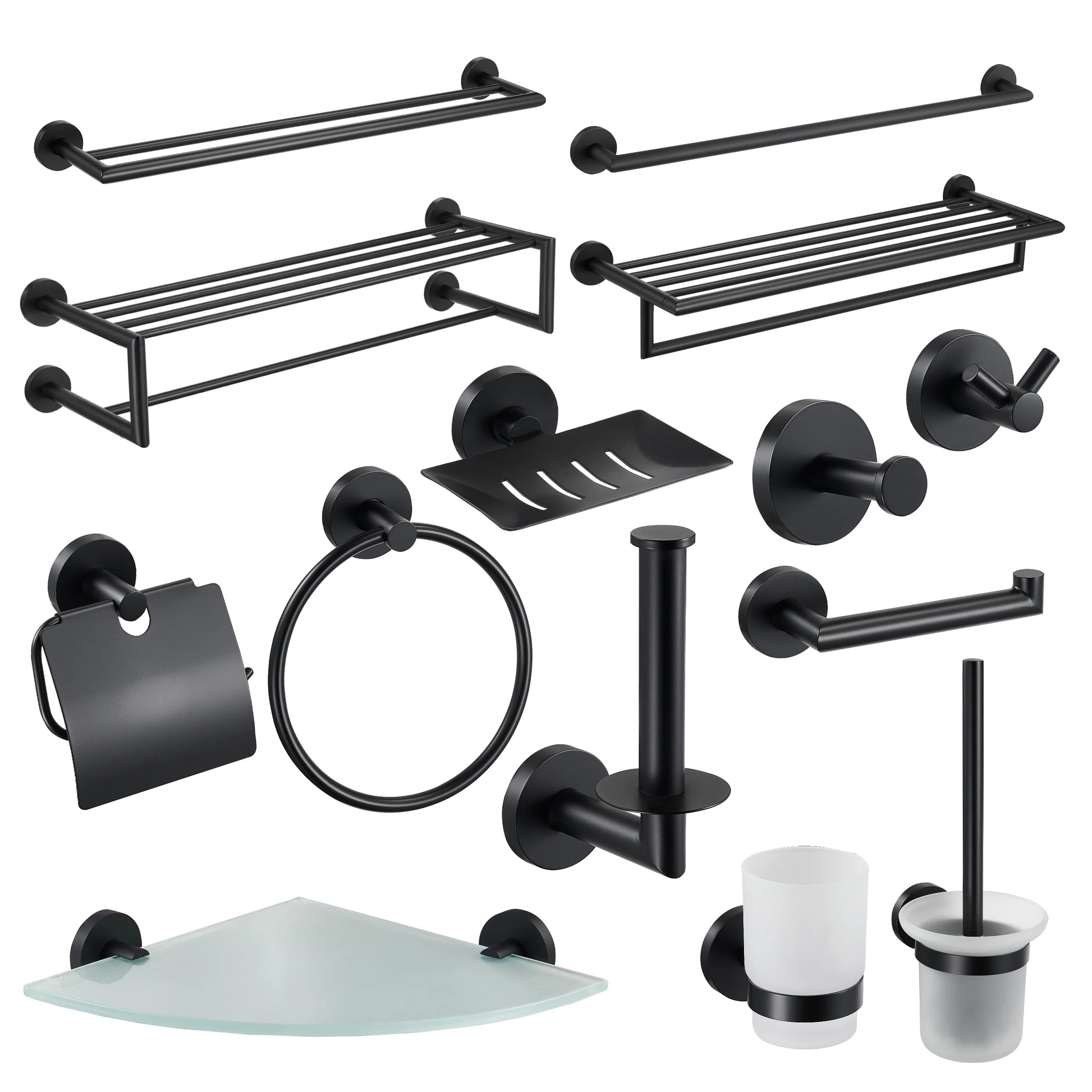 HKM-726867 Matte Black Stainless Steel 304 Bathroom Accessory Set with Towel Rack and Toilet Paper Holder