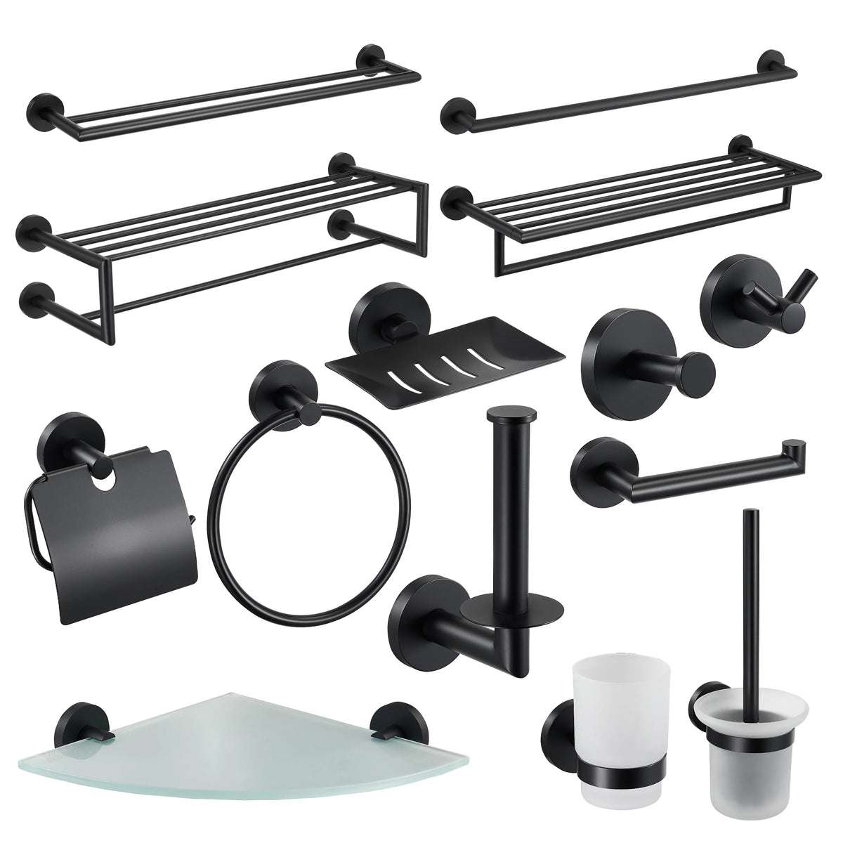 HKM-726867 Matte Black Stainless Steel 304 Bathroom Accessory Set with Towel Rack and Toilet Paper Holder