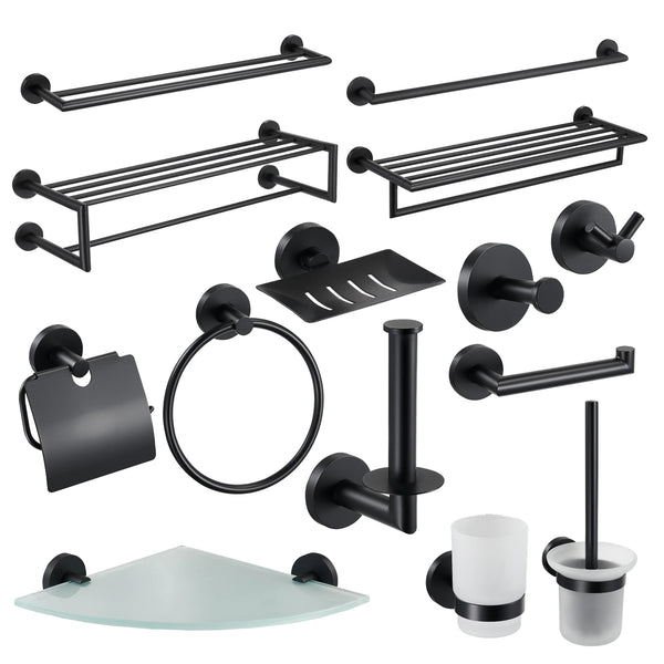 HKM-726867 Matte Black Stainless Steel 304 Bathroom Accessory Set with Towel Rack and Toilet Paper Holder