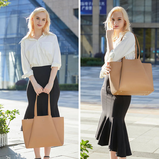 HKM-726995 Stylish 15.6-Inch Leather Laptop Tote Bag with Clutch - Versatile Work Handbag Set for Women