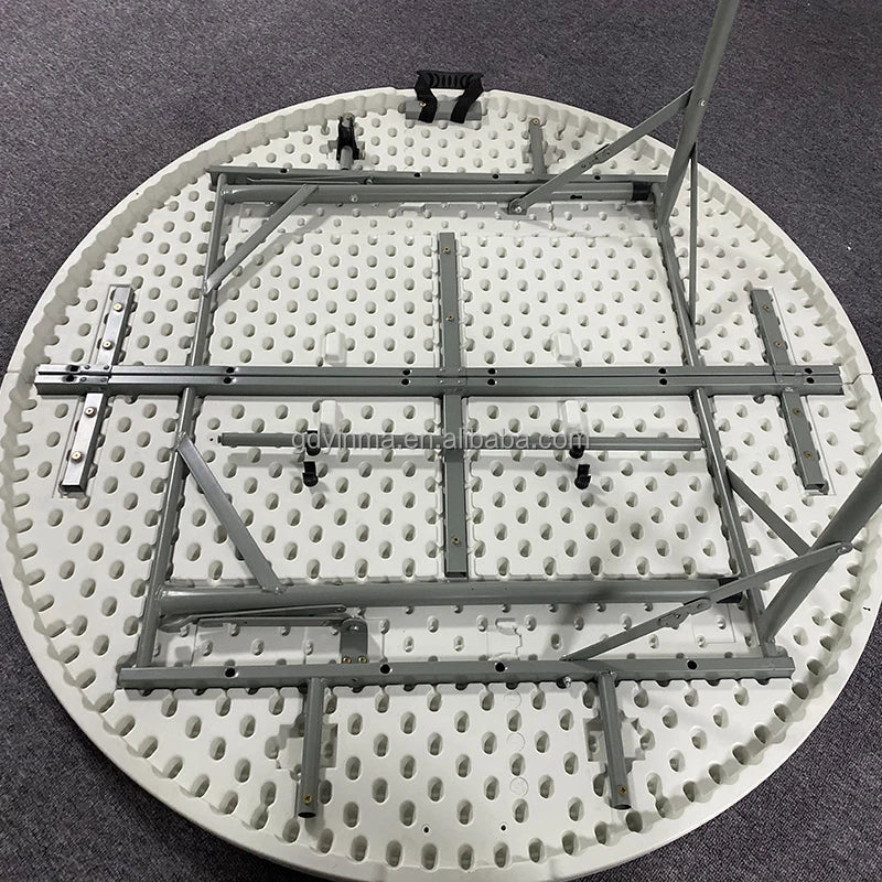 HKM-727315 6ft Round Folding Banquet Table - Durable Plywood with PVC or Melamine Finish, Black Iron Frame