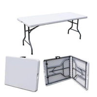 HKM-727315 6ft Round Folding Banquet Table - Durable Plywood with PVC or Melamine Finish, Black Iron Frame