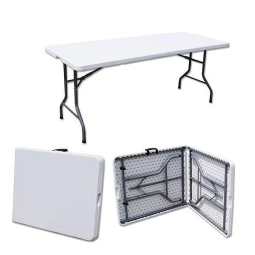 HKM-727315 6ft Round Folding Banquet Table - Durable Plywood with PVC or Melamine Finish, Black Iron Frame