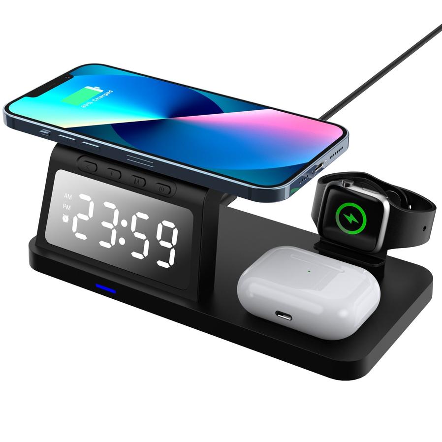 HKM-727315 Four-in-One Wireless Charging Clock with 15W Fast Charging Capability - Available in White and Black