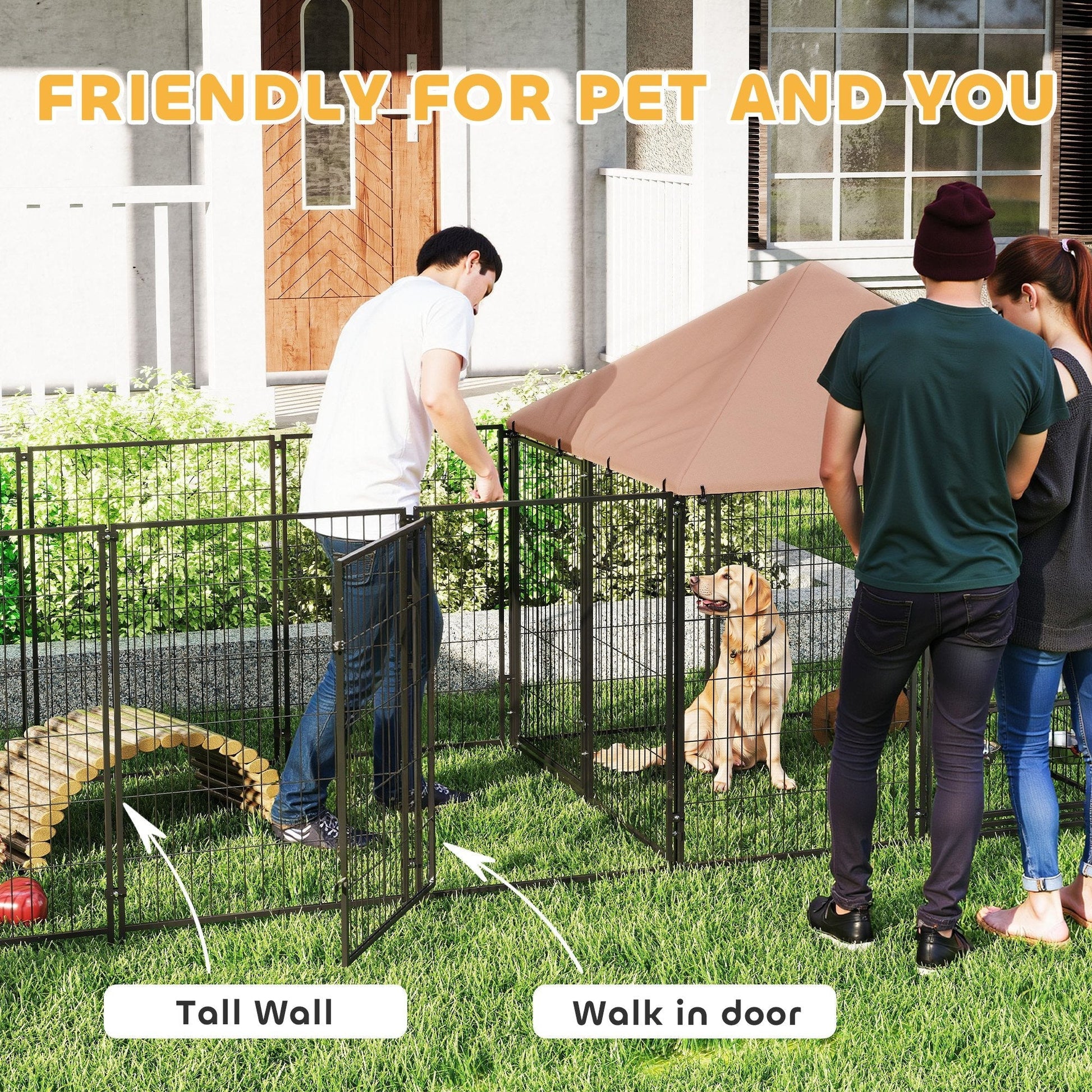 HKM-7273405 Spacious Outdoor Dog Kennel with Adjustable Height Bowls and Private Resting Area