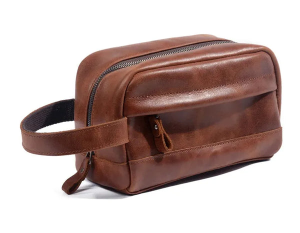 HKM-727507 Retro Cowhide Make-up Wash Bag - Portable Travel Storage Bag with Zipper Closure