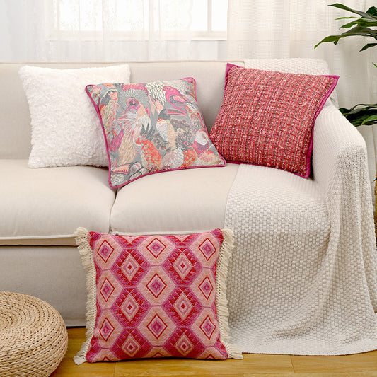 HKM-727571 Rose Red Jacquard Throw Pillowcase - Solid Color, Polyester, 45x45cm, for Living Room Decor