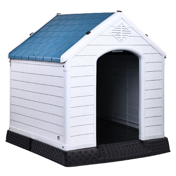 HKM-727763 Durable Insulated Plastic Dog House with Elevated Floor and Ventilation for Small to Large Dogs - 29 Inch, Blue