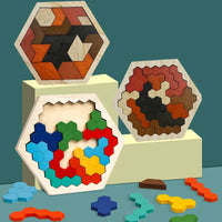 HKM-727891 3D Hexagonal Wooden Puzzle Set for Children – Educational Montessori Tangram Toys