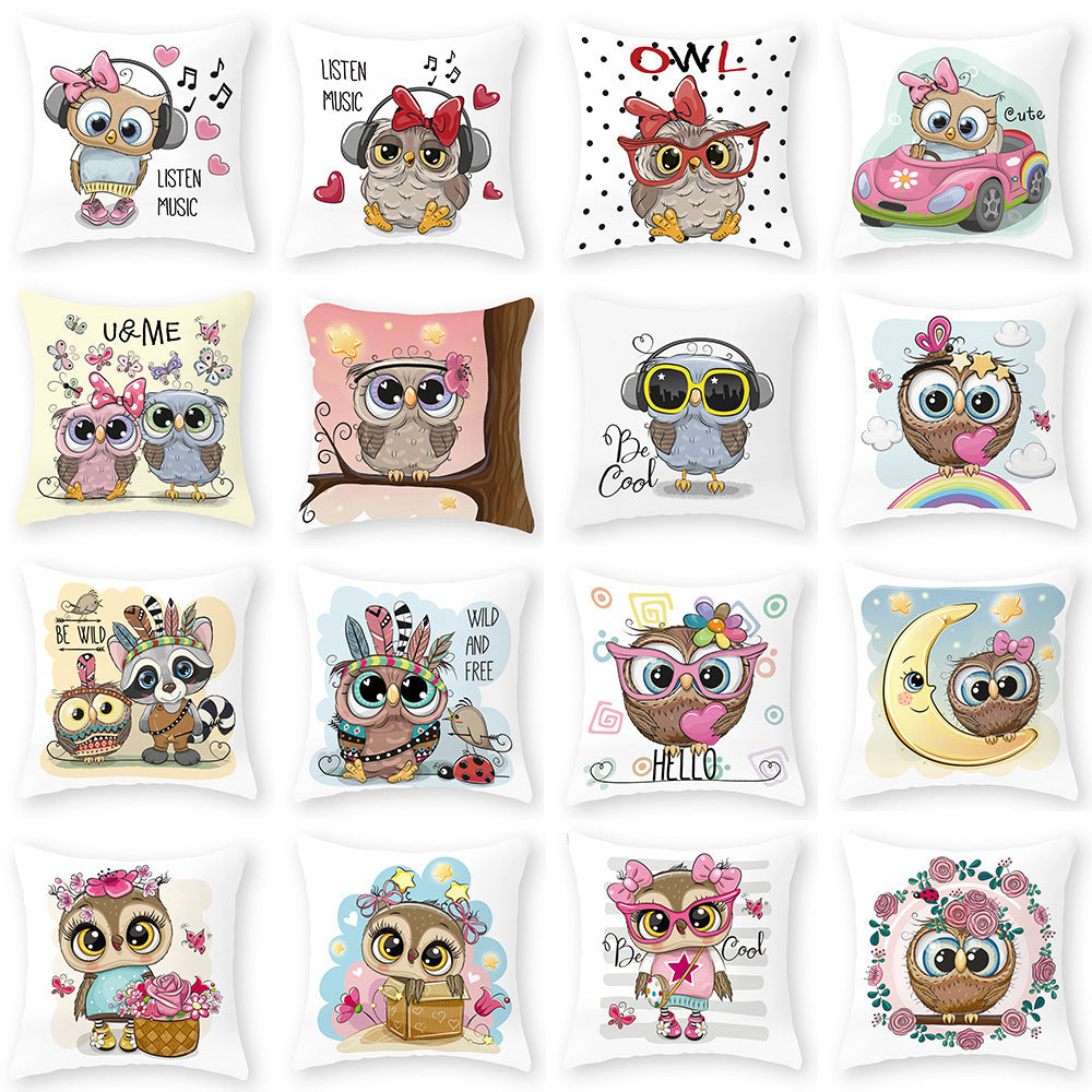HKM-727891 Cute Owl Peach Skin Pillowcase - Soft PP Cotton Filling, 45x45cm