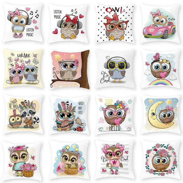 HKM-727891 Cute Owl Peach Skin Pillowcase - Soft PP Cotton Filling, 45x45cm