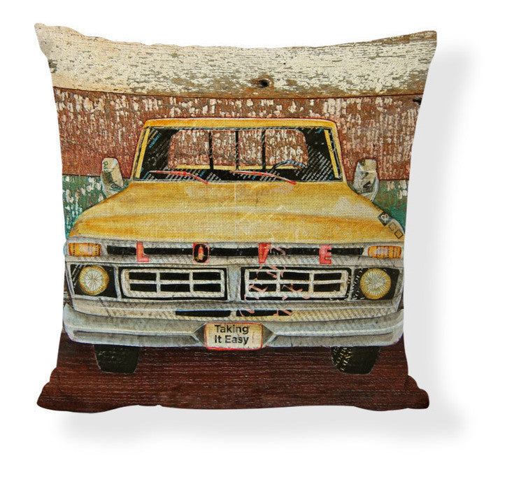 HKM-728275 Mediterranean Style Cartoon Car Oil Painting Ship Pillowcase Cover 45x45cm