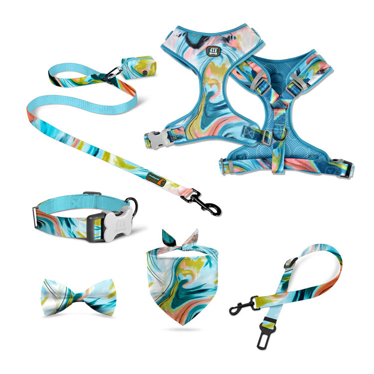 HKM-7284541 Pet Supplies Pink Sunflower Four-Piece Pet Chain Set with Collar, Harness, Leash, and Bin Bag