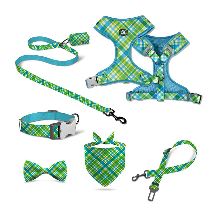 HKM-7284541 Pet Supplies Pink Sunflower Four-Piece Pet Chain Set with Collar, Harness, Leash, and Bin Bag