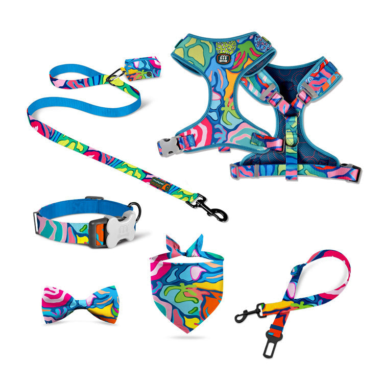 HKM-7284541 Pet Supplies Pink Sunflower Four-Piece Pet Chain Set with Collar, Harness, Leash, and Bin Bag