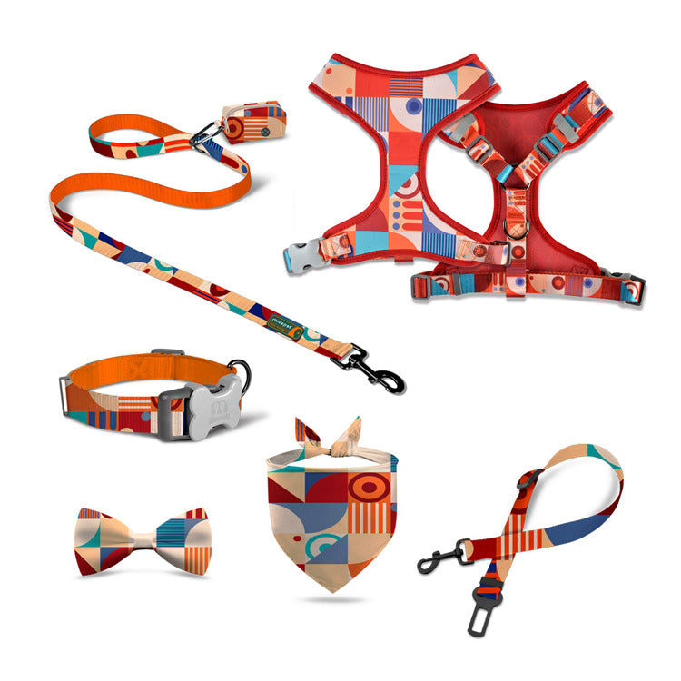 HKM-7284541 Pet Supplies Pink Sunflower Four-Piece Pet Chain Set with Collar, Harness, Leash, and Bin Bag