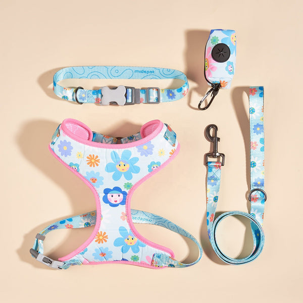 HKM-7284541 Pet Supplies Pink Sunflower Four-Piece Pet Chain Set with Collar, Harness, Leash, and Bin Bag