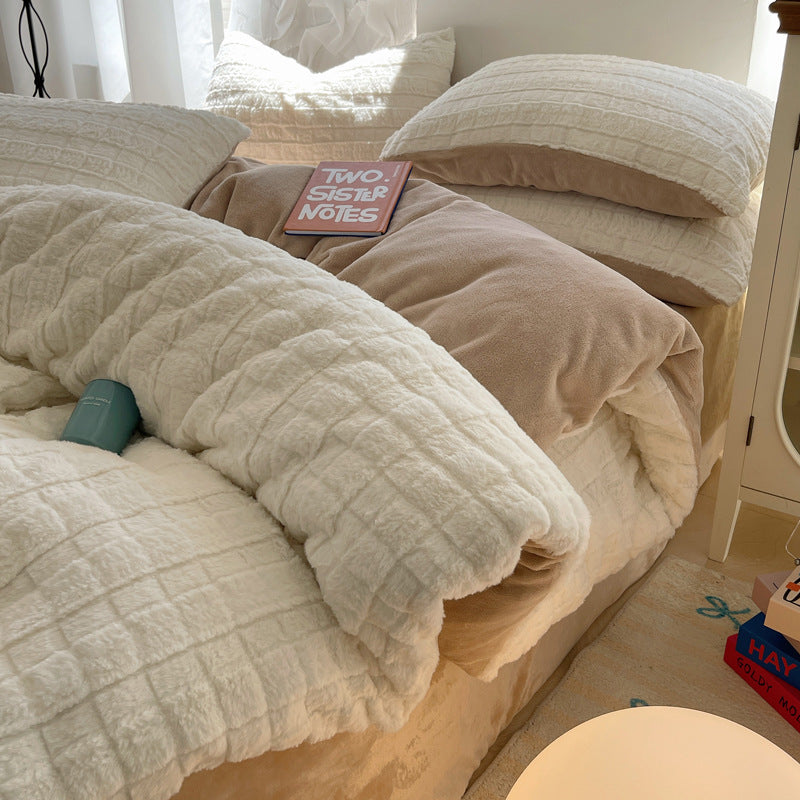 HKM-728595 Rabbit Plush Four-Piece Bedding Set with Thickened Milk Fiber Sheets and Coral Fleece Duvet Cover