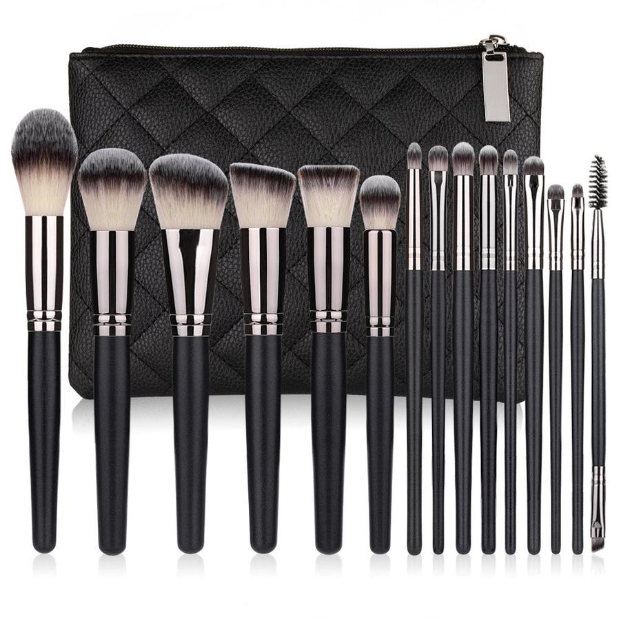 HKM-728659 15-Piece Matte Black Makeup Brush Set with Cosmetic Bag, Nylon Wool and Wooden Handle