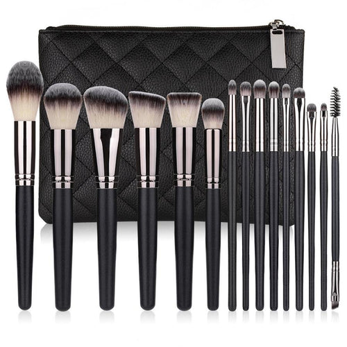 HKM-728659 15-Piece Matte Black Makeup Brush Set with Cosmetic Bag, Nylon Wool and Wooden Handle