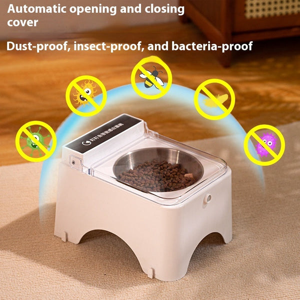 HKM-7287229 Automatic Cat Bowl Feeder with Lid-Opening Mechanism - Available in Plastic, Stainless Steel, and Ceramic
